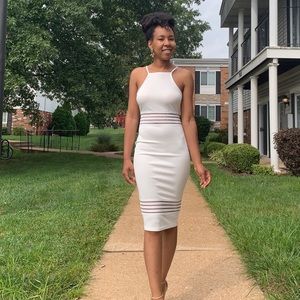 White Midi Bodycon Dress with Mesh Panelling